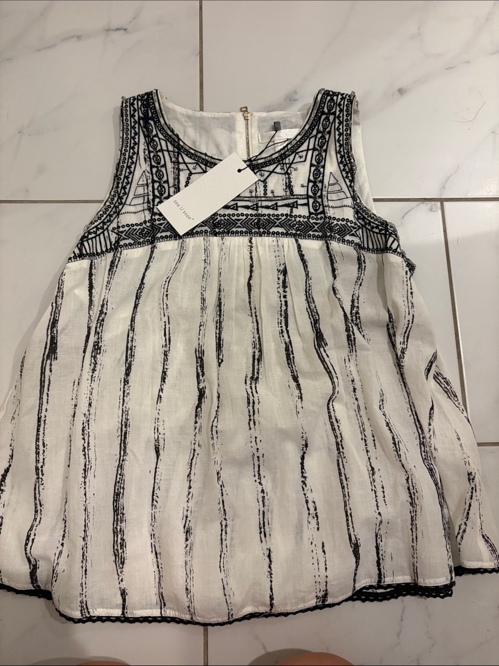 NWT SEE YOU SOON Antique White Beads Ethnic Embroidery Top